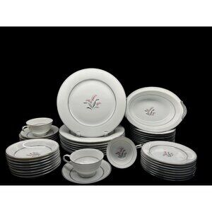 Vintage Noritake Crest Pink Lily & Silver Trim Dinnerware Set + Platter 43 pcs